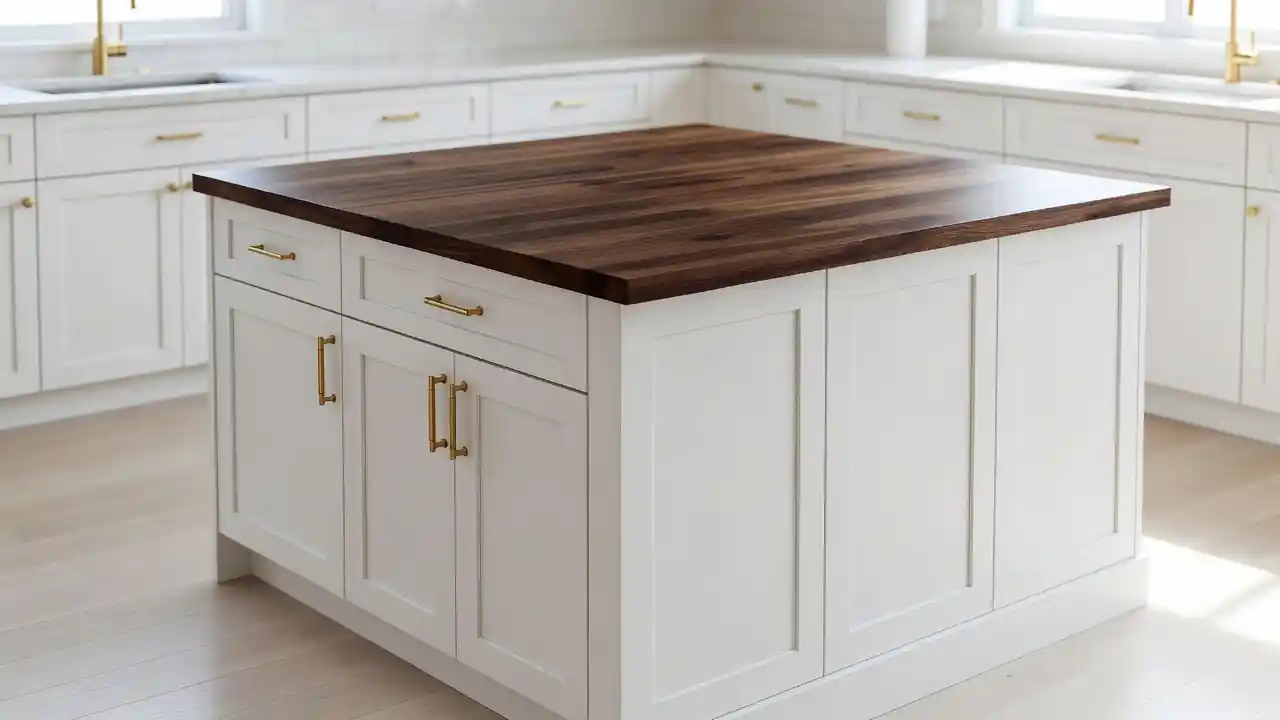 Finished white shaker kitchen with walnut island