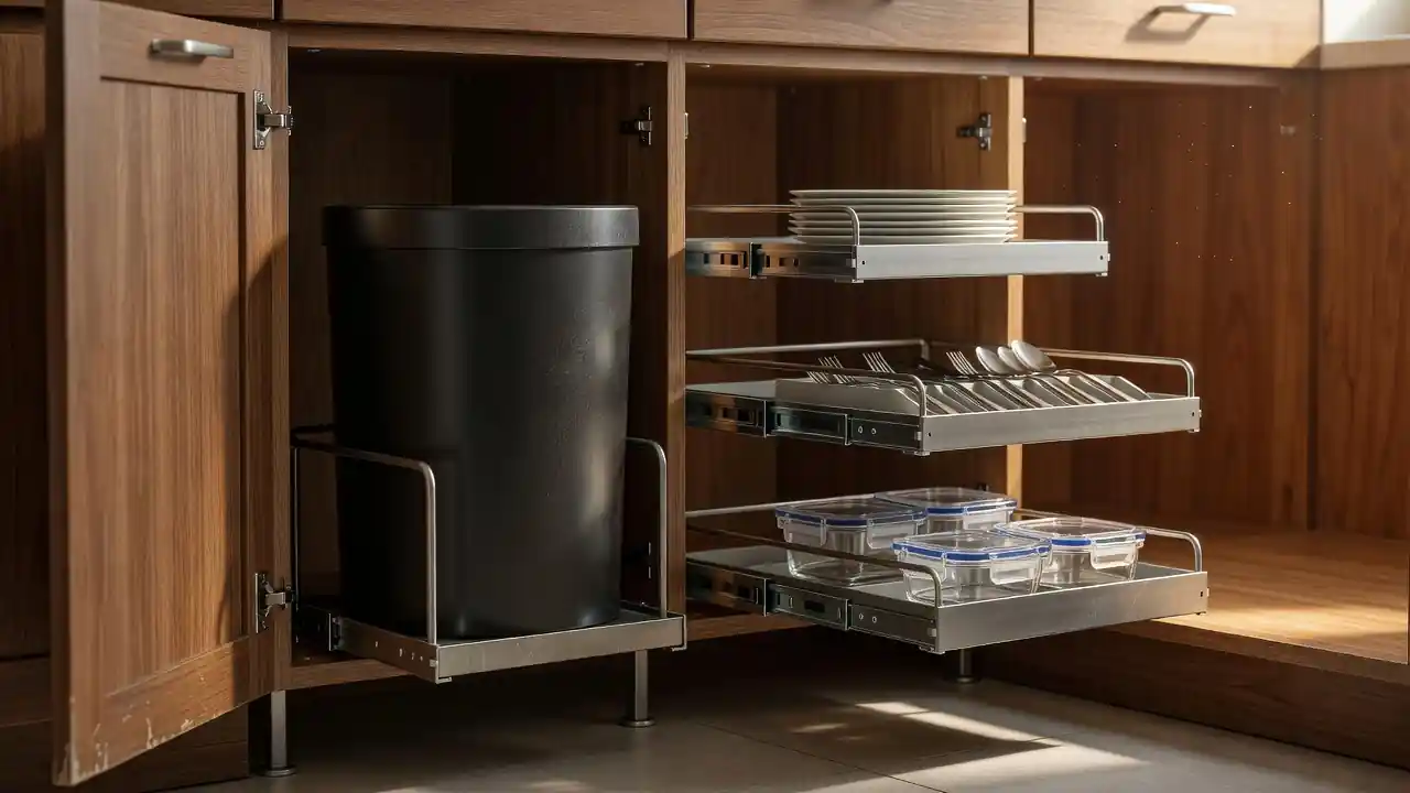 Kitchen base cabinet with pull-out storage organizers