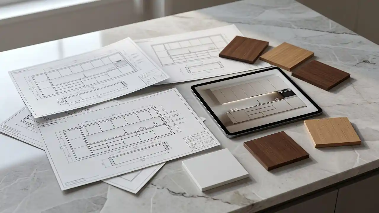Cabinet design plans and wood samples on a counter