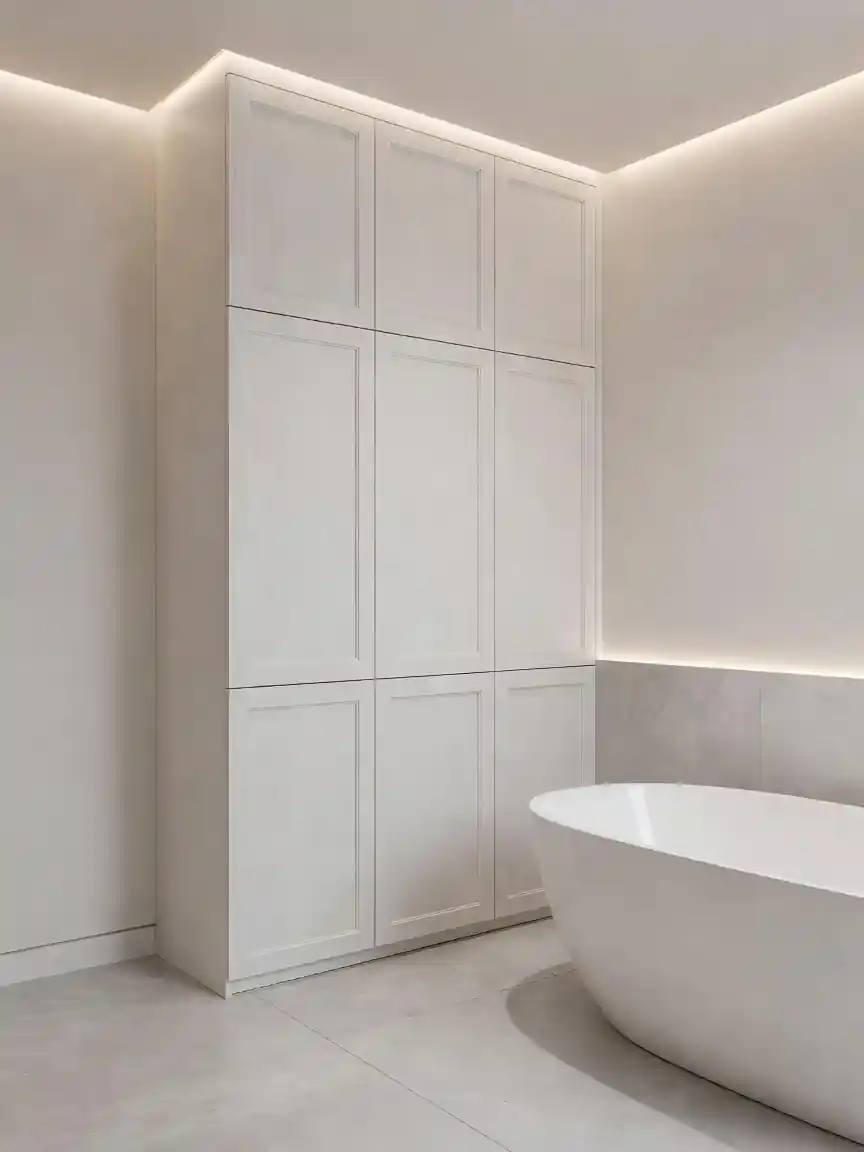 Floor-to-ceiling bathroom linen tower cabinet