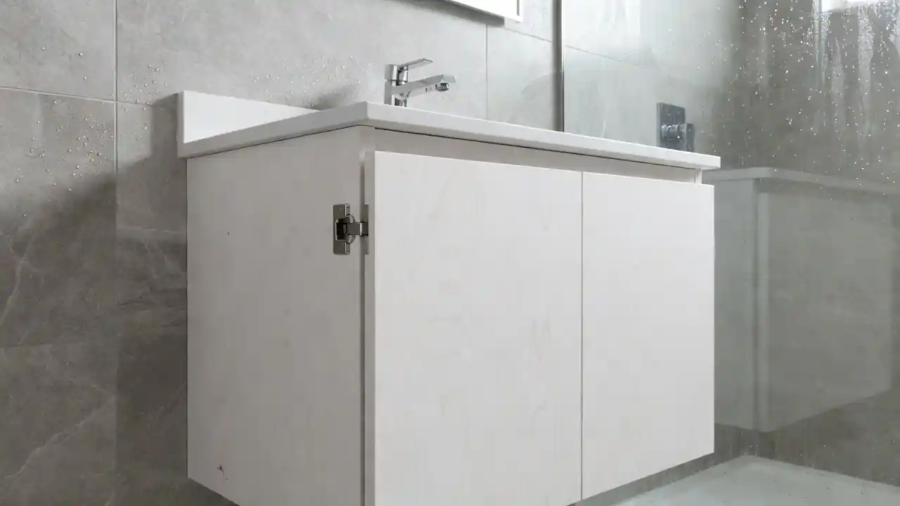 Painted wood bathroom cabinet door and hinge detail