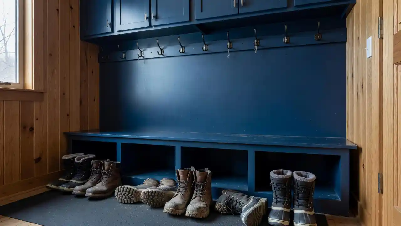 Mudroom cubbies, bench, and coat cabinets