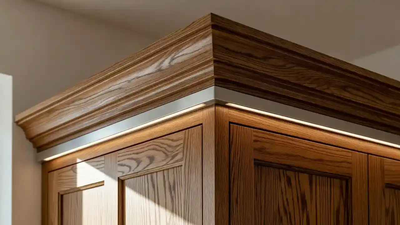 Crown molding detail on tall kitchen cabinets