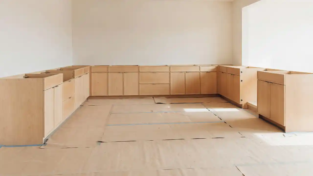 Kitchen perimeter cabinets set before countertops