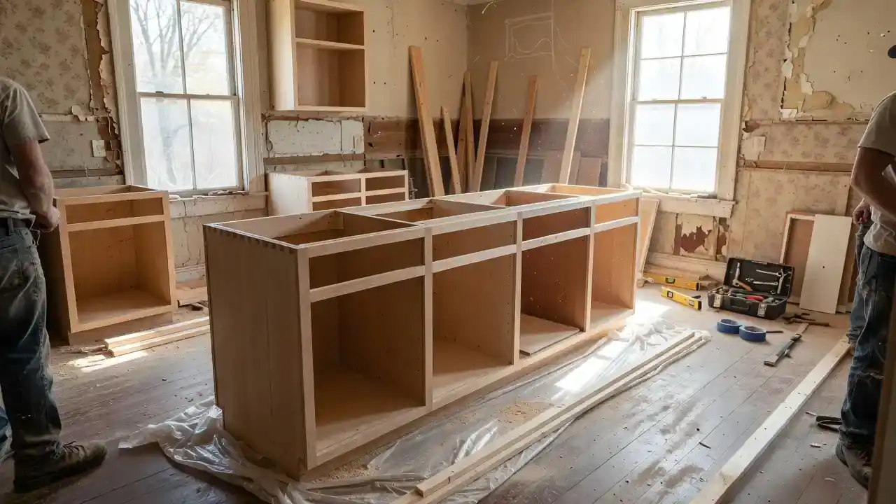 Custom kitchen cabinets being installed in a residential remodel