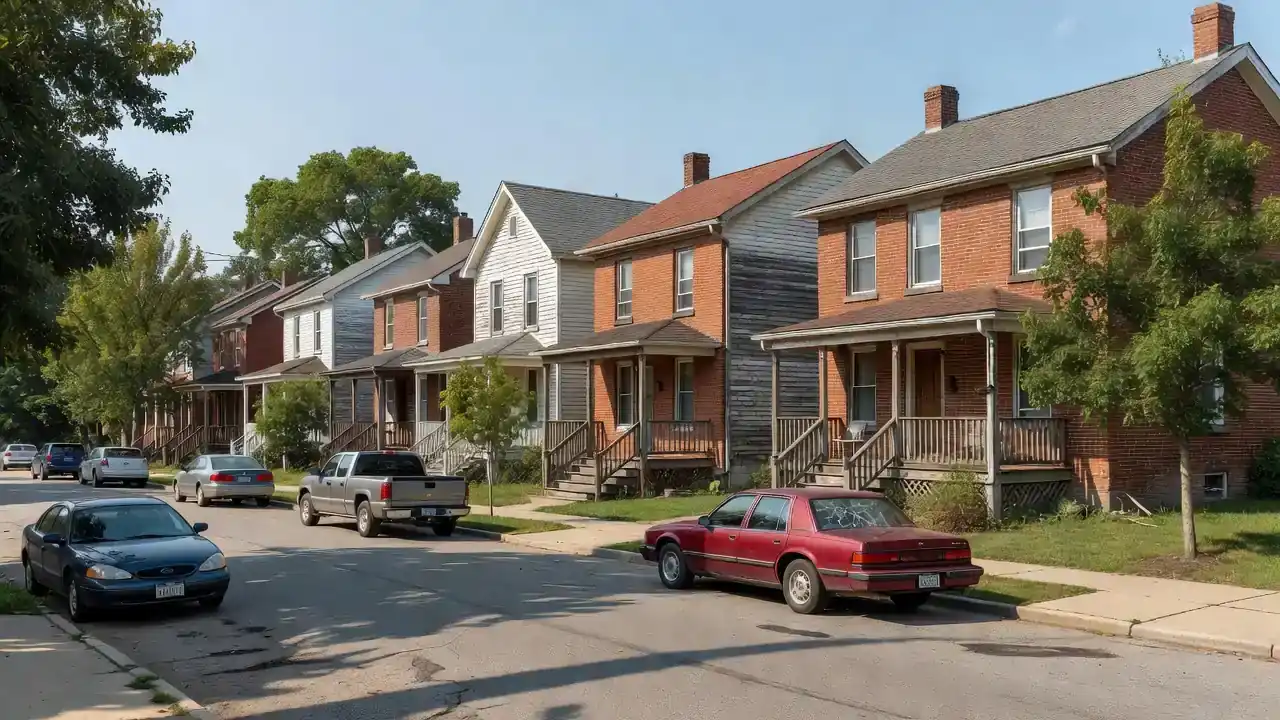 Midwest residential street of brick and wood-frame homes