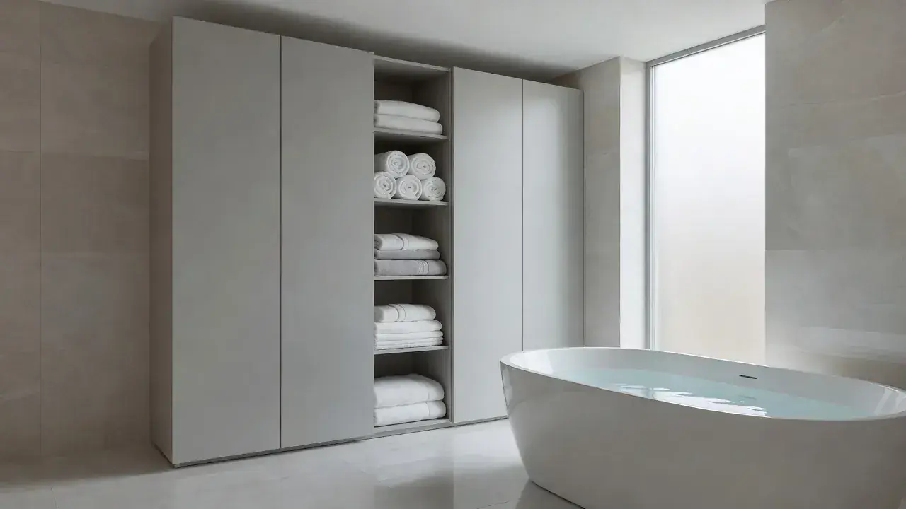Custom bathroom linen tower and storage cabinets