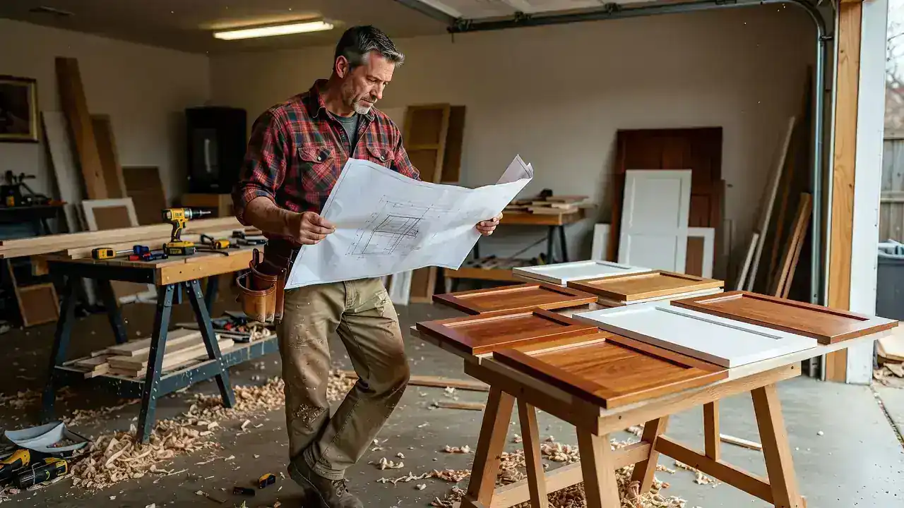 Cabinet design review with plans and door samples