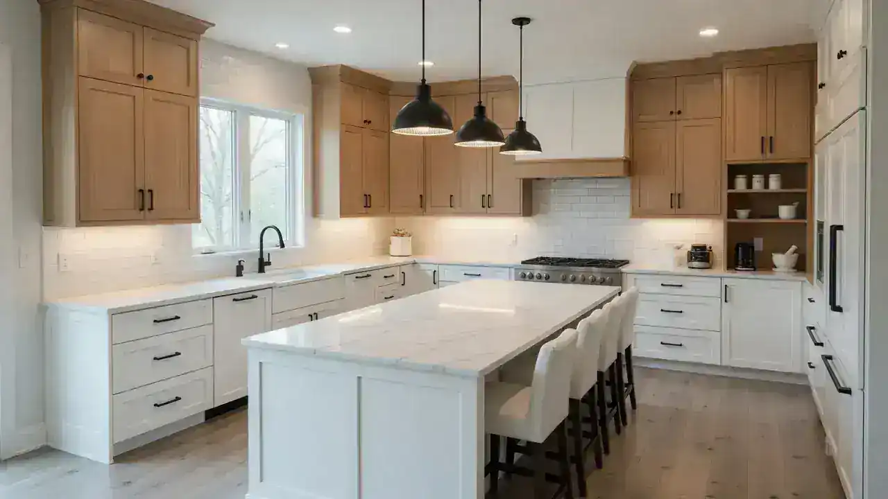 Full custom kitchen cabinet runs with island and perimeter casework