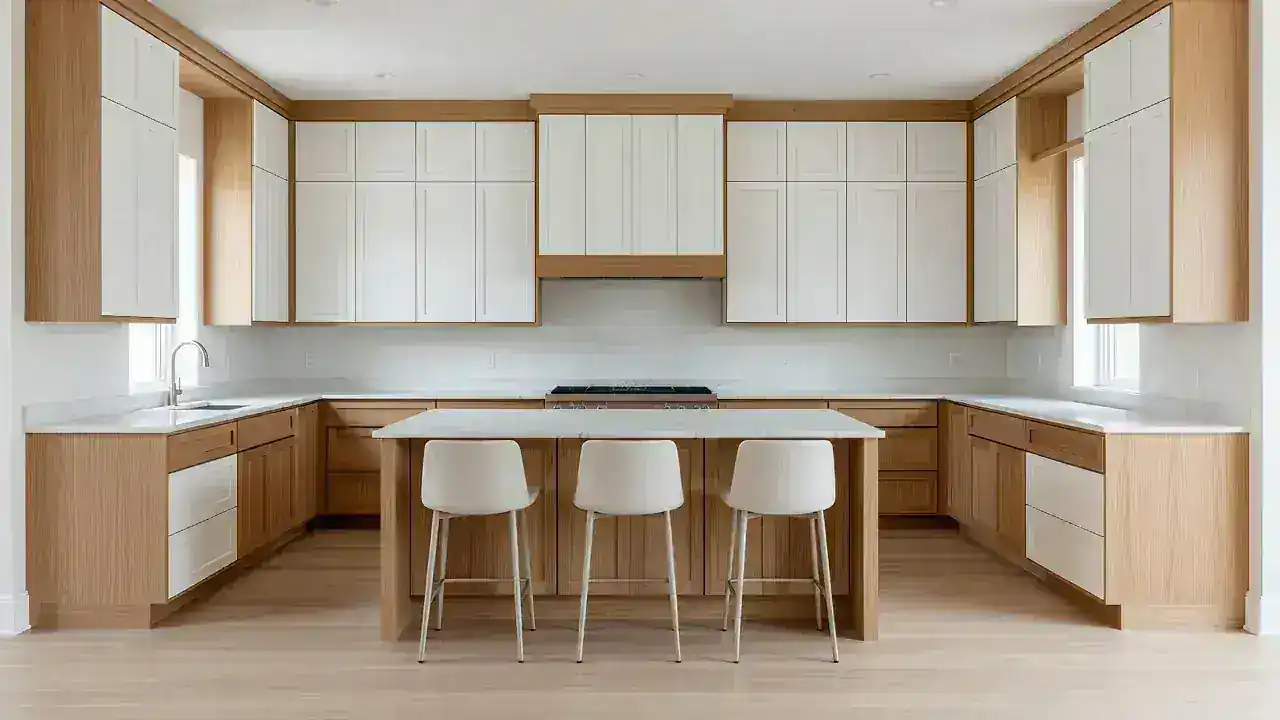 Custom wood kitchen cabinets in a finished kitchen