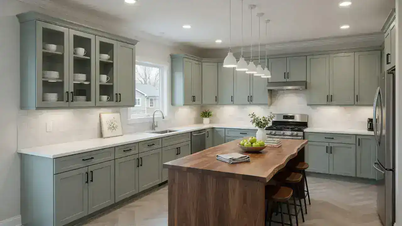 Custom kitchen cabinet runs along the walls in a finished home